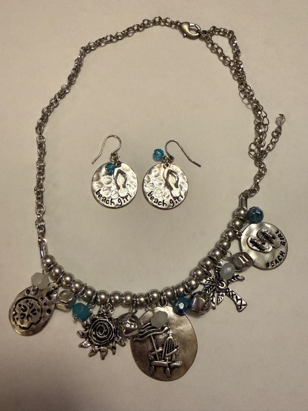 Silver-Tone Beach Charm Necklace & Earring Set with Teal Accents